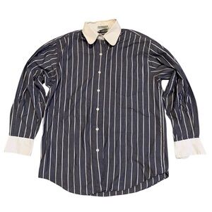 VINTAGE Tabi International Navy White Stripe Contrast Collar French Cuff Shirt S